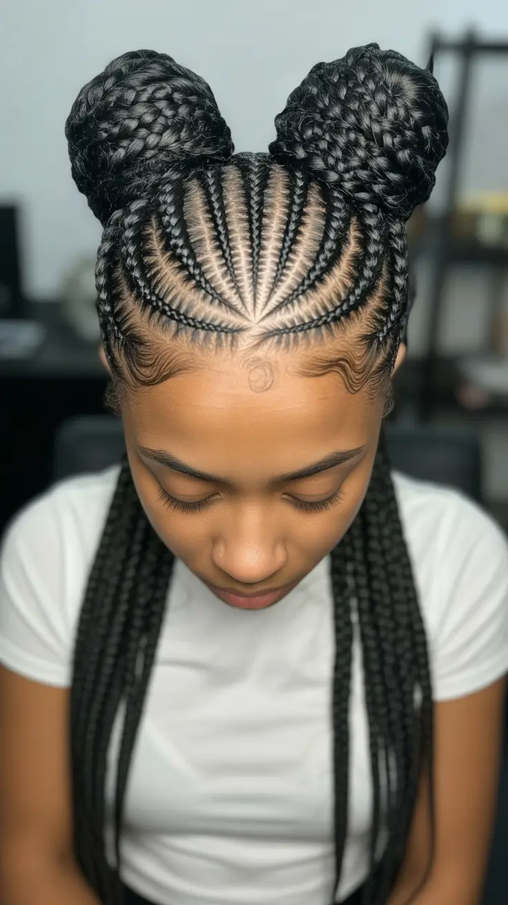 creative spring hairstyle for black women 2026 Double Braided Space Buns With Sculpted Cornrow Detail
