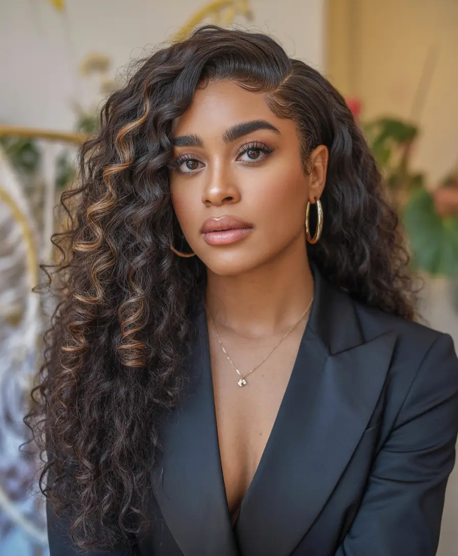 creative spring hairstyle for black women 2026 Voluminous Side Part Curly Glam With Soft Highlight Ribbons