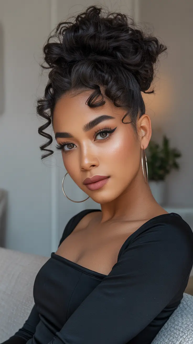 creative spring hairstyle for black women 2026 Soft Curly Updo With Romantic Texture