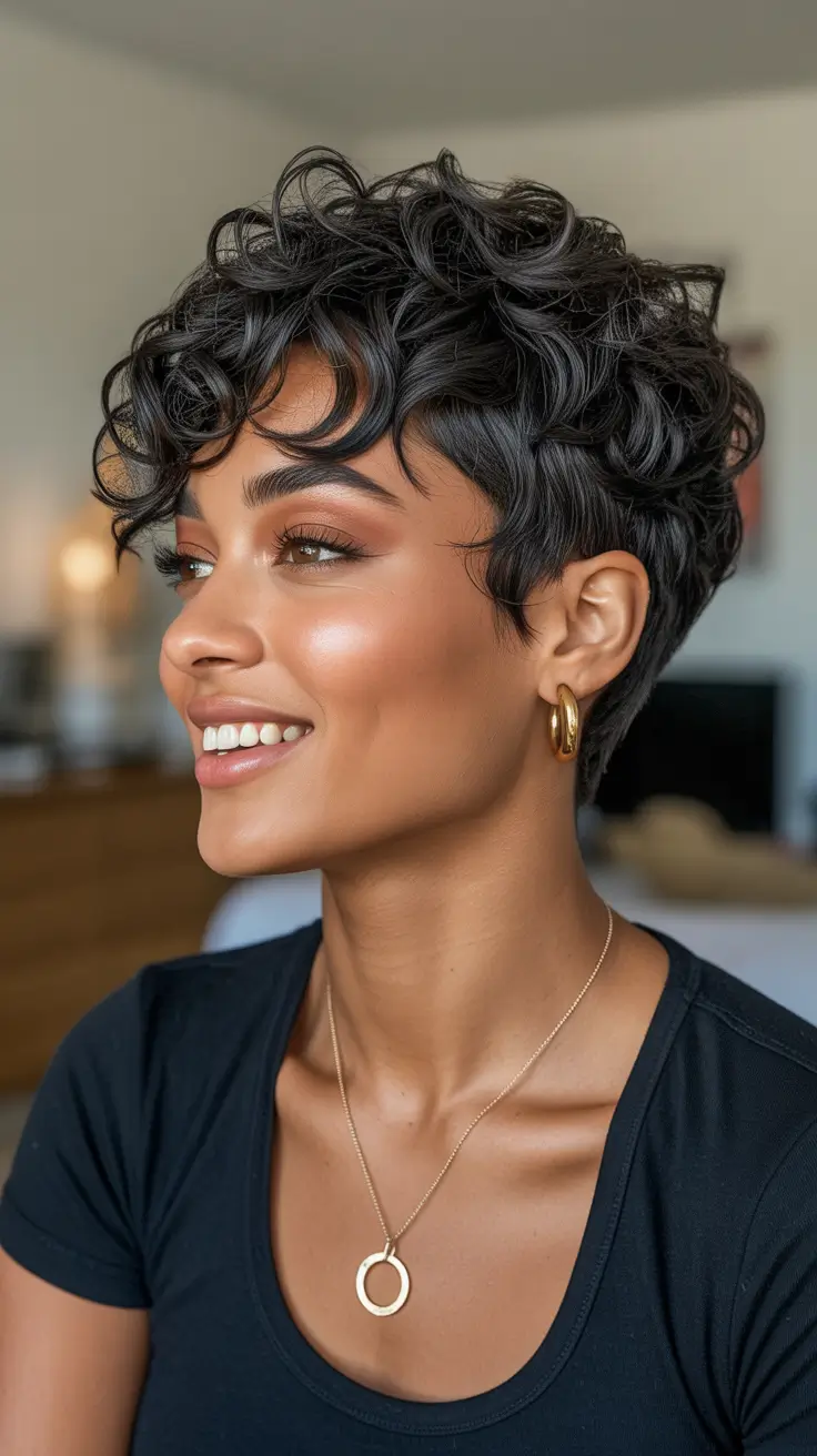 creative spring hairstyle for black women 2026 Modern Curly Pixie With Effortless Movement