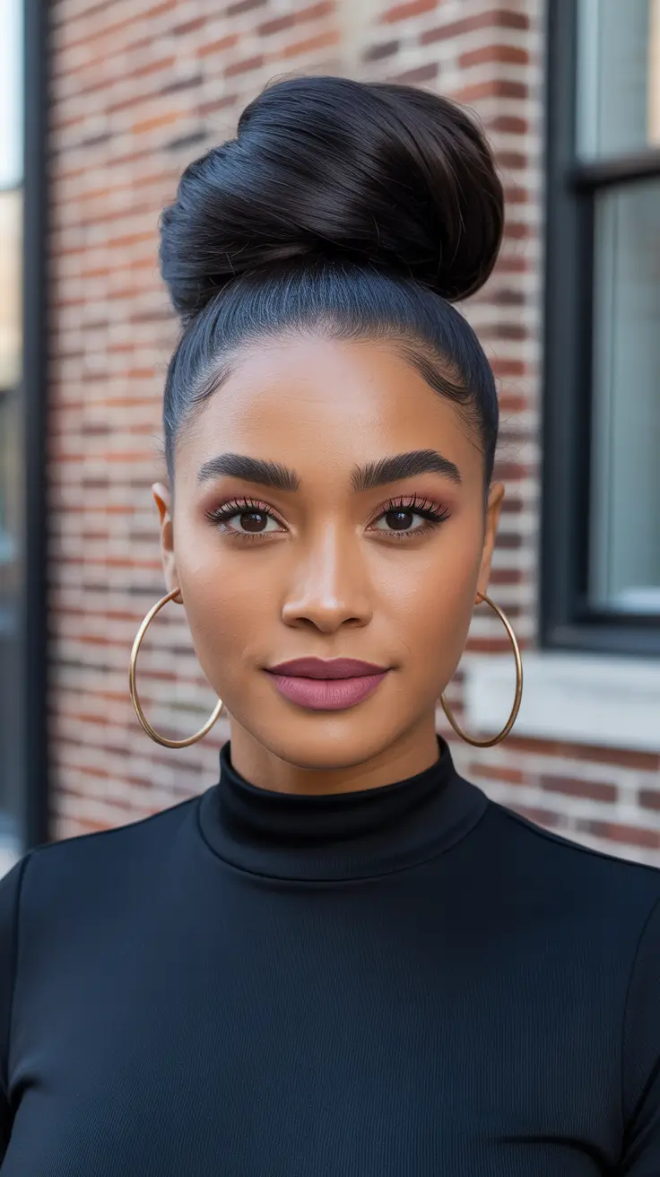 creative spring hairstyle for black women 2026 Sleek Statement Bun For Modern Elegance