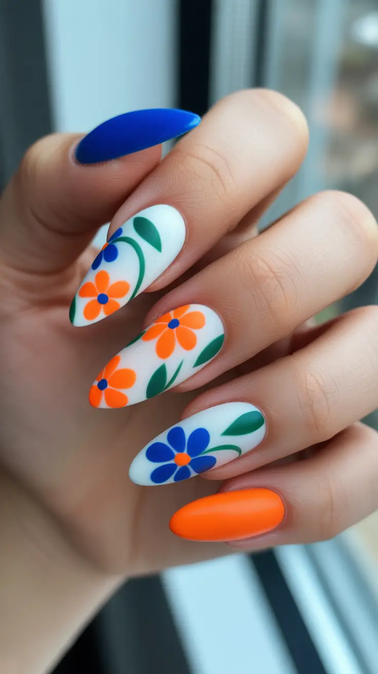 dreamy spring long nails 2026 designs Vibrant Retro Flowers On Almond Tips