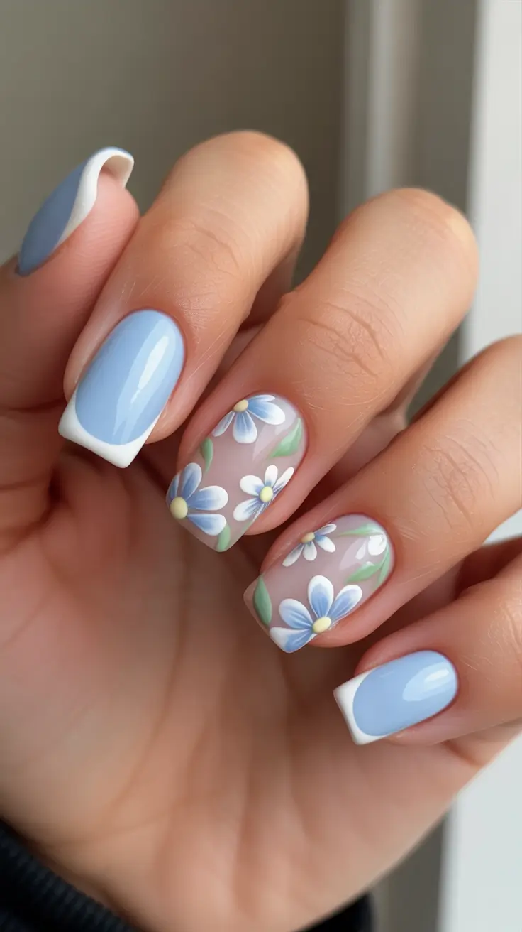 dreamy spring long nails 2026 designs Baby Blue French Tips With Soft Daisy Details