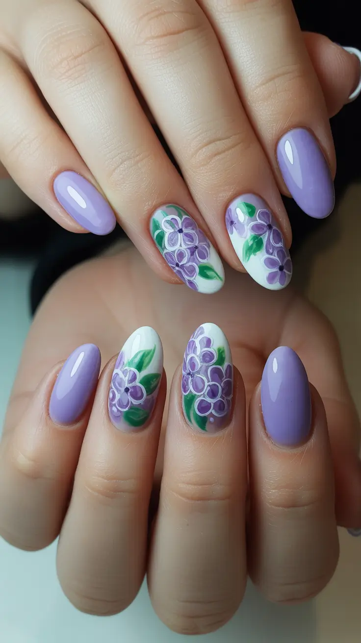 dreamy spring long nails 2026 designs Lavender Garden Blooms On Almond Nails