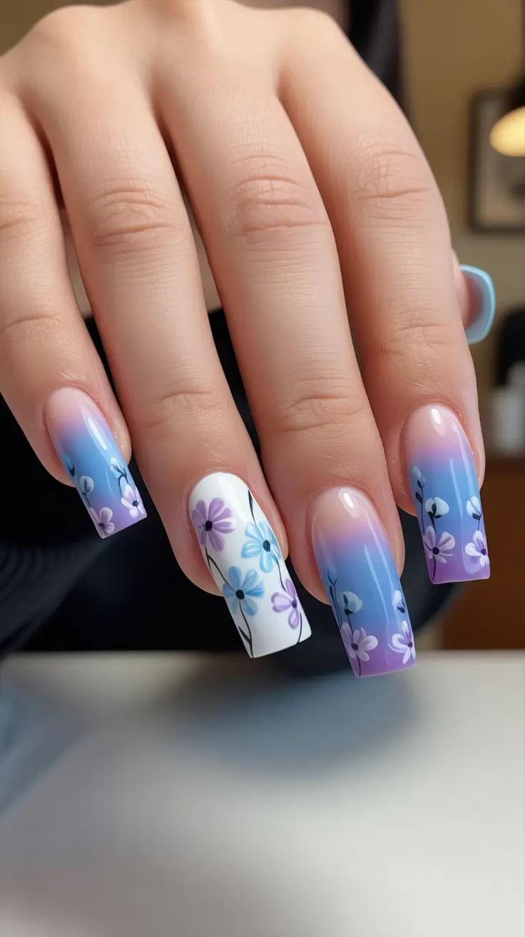 dreamy spring long nails 2026 designs Pastel Ombre Florals On Square Tips