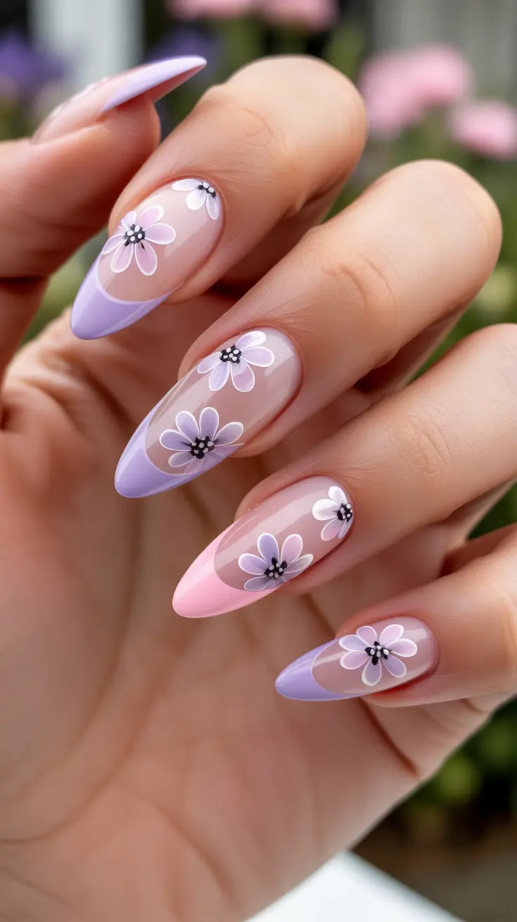 dreamy spring long nails 2026 designs Soft French Pastels With Floating Blossoms