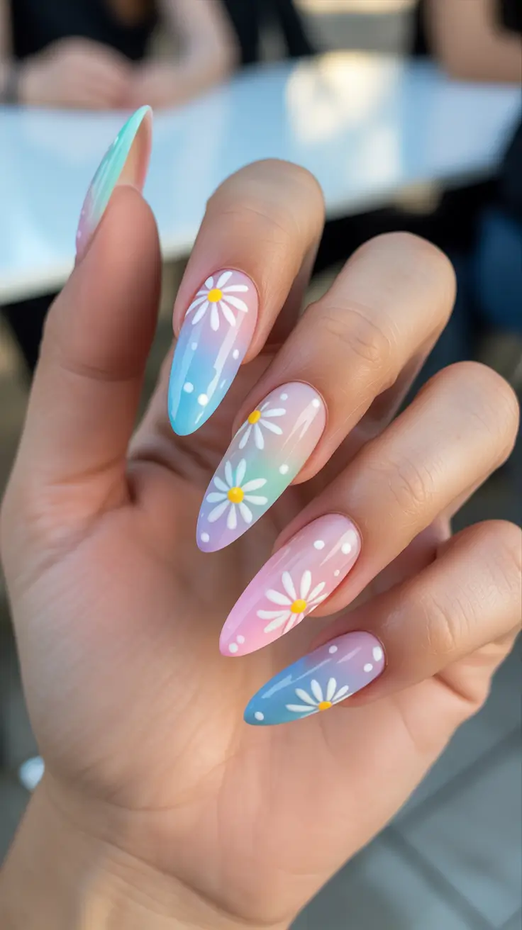 dreamy spring long nails 2026 designs Pastel Ombre Daisies On Almond Tips