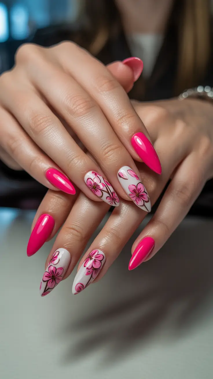 dreamy spring long nails 2026 designs Hot Pink Florals With Glossy Almond Elegance
