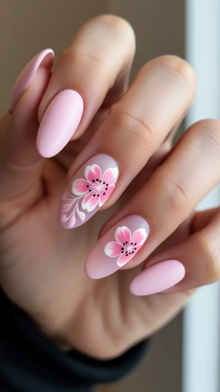 dreamy spring long nails 2026 designs Matte Pastel Pink With Soft Petal Details