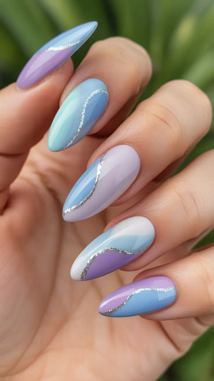 dreamy spring long nails 2026 designs Pastel Waves With Silver Accents