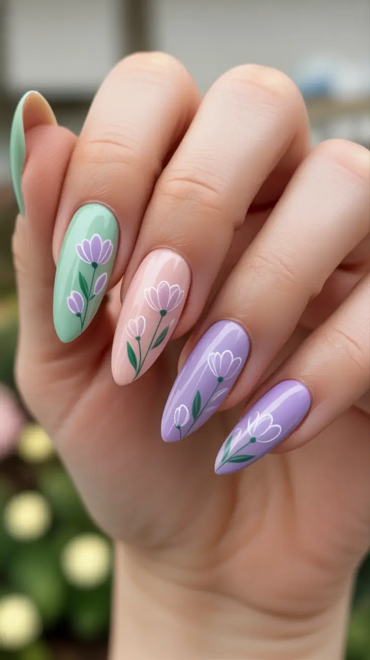 dreamy spring long nails 2026 designs Pastel Garden Mix Of Green Nude And Lavender Florals