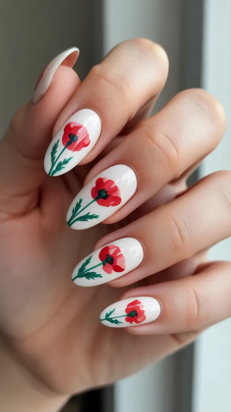 dreamy spring long nails 2026 designs Classic Red Poppies On Clean White