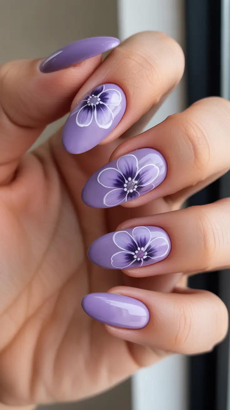 dreamy spring long nails 2026 designs Soft Lavender Petals On Glossy Almond Nails