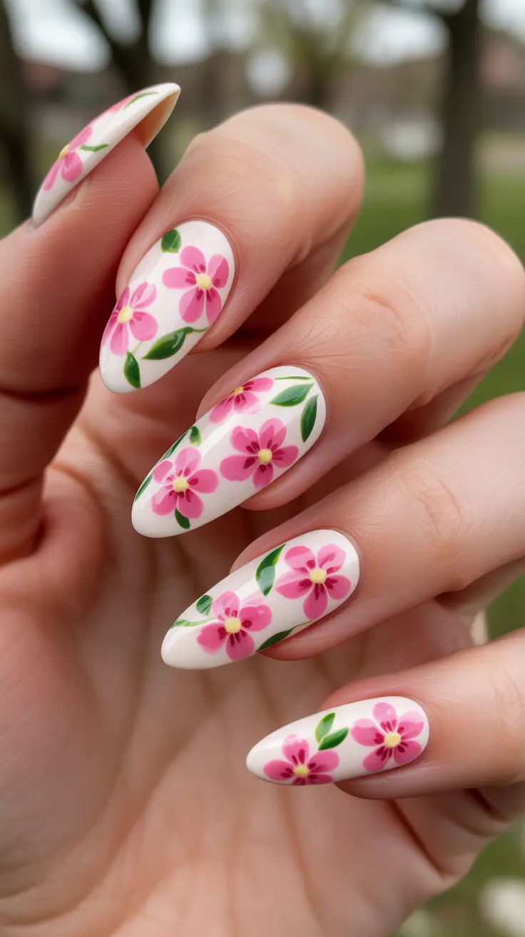 dreamy spring long nails 2026 designs Fresh Pink Blossoms With Green Leaves