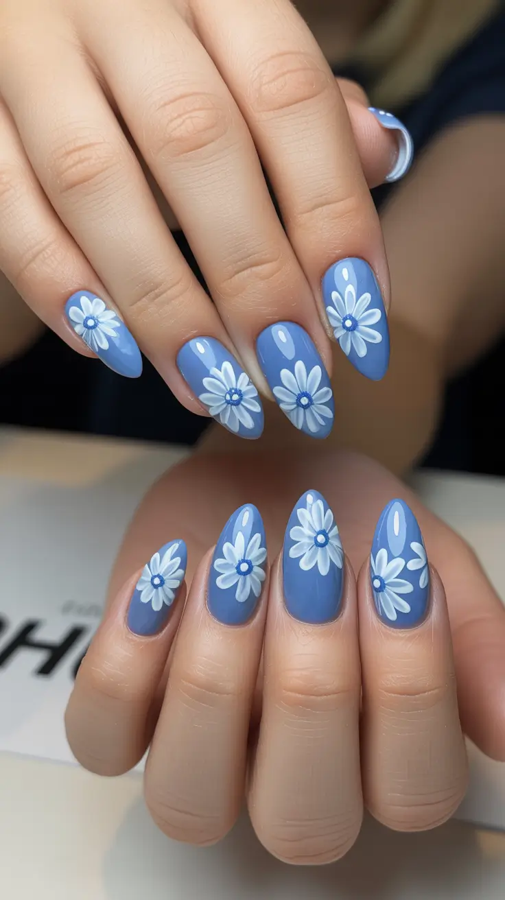 dreamy spring long nails 2026 designs Soft Blue Daisies On Glossy Almond Tips