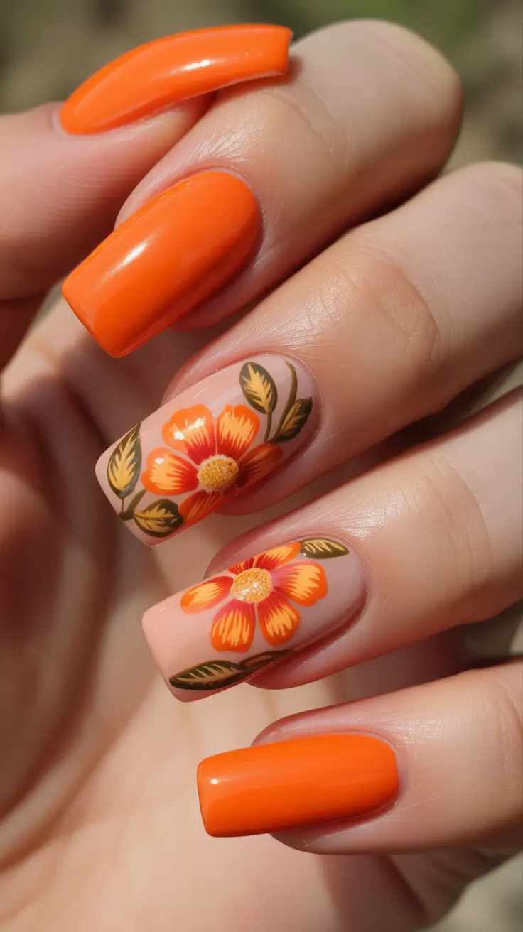 dreamy spring long nails 2026 designs Vibrant Citrus Florals On Glossy Square Nails