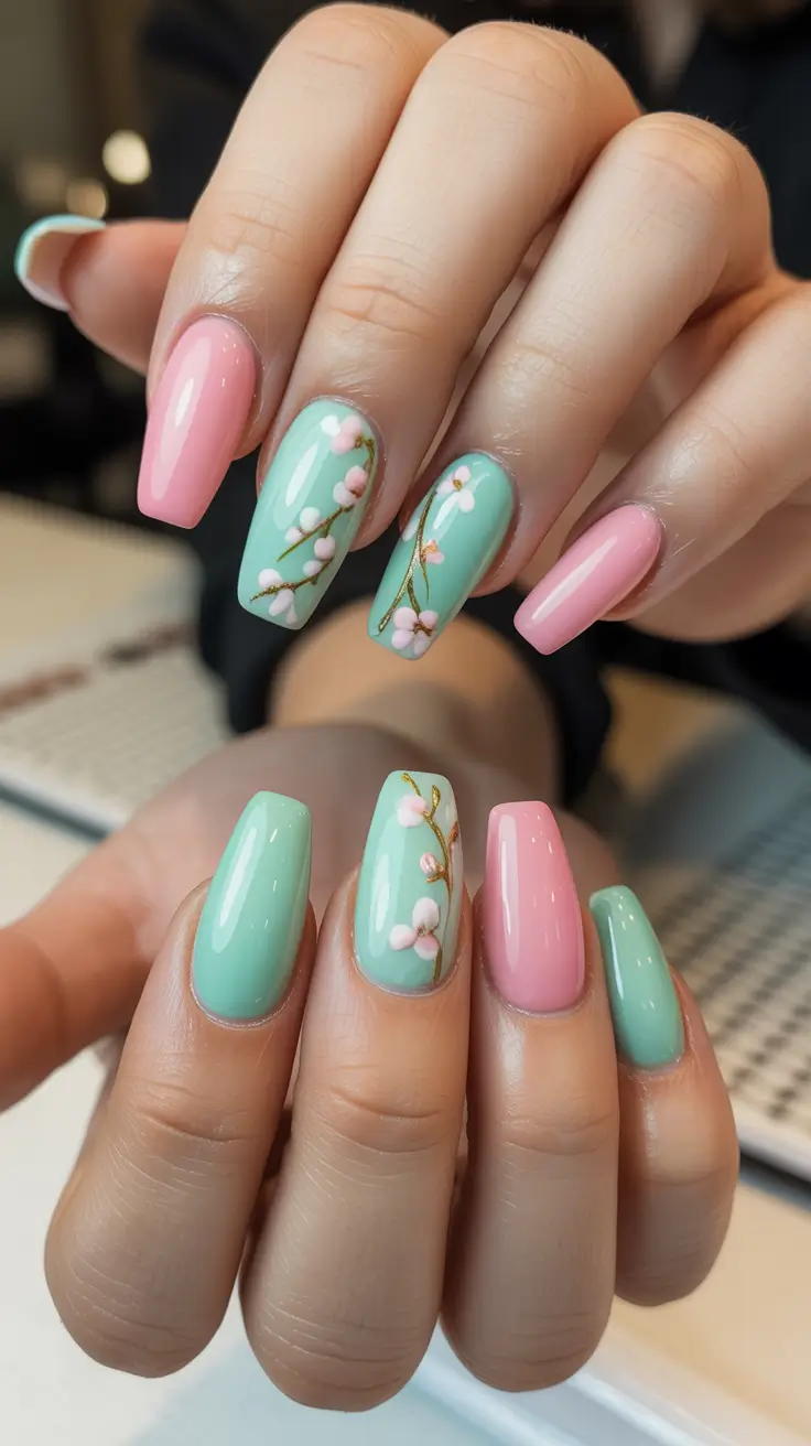 dreamy spring long nails 2026 designs Pastel Pink And Mint Blossoms On Long Coffin Tips