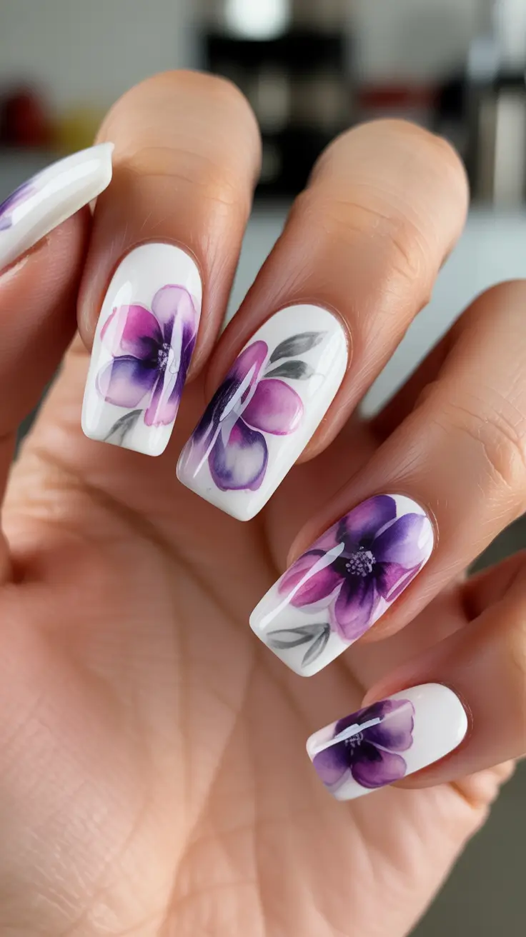 dreamy spring long nails 2026 designs Soft Watercolor Florals On White Square Nails