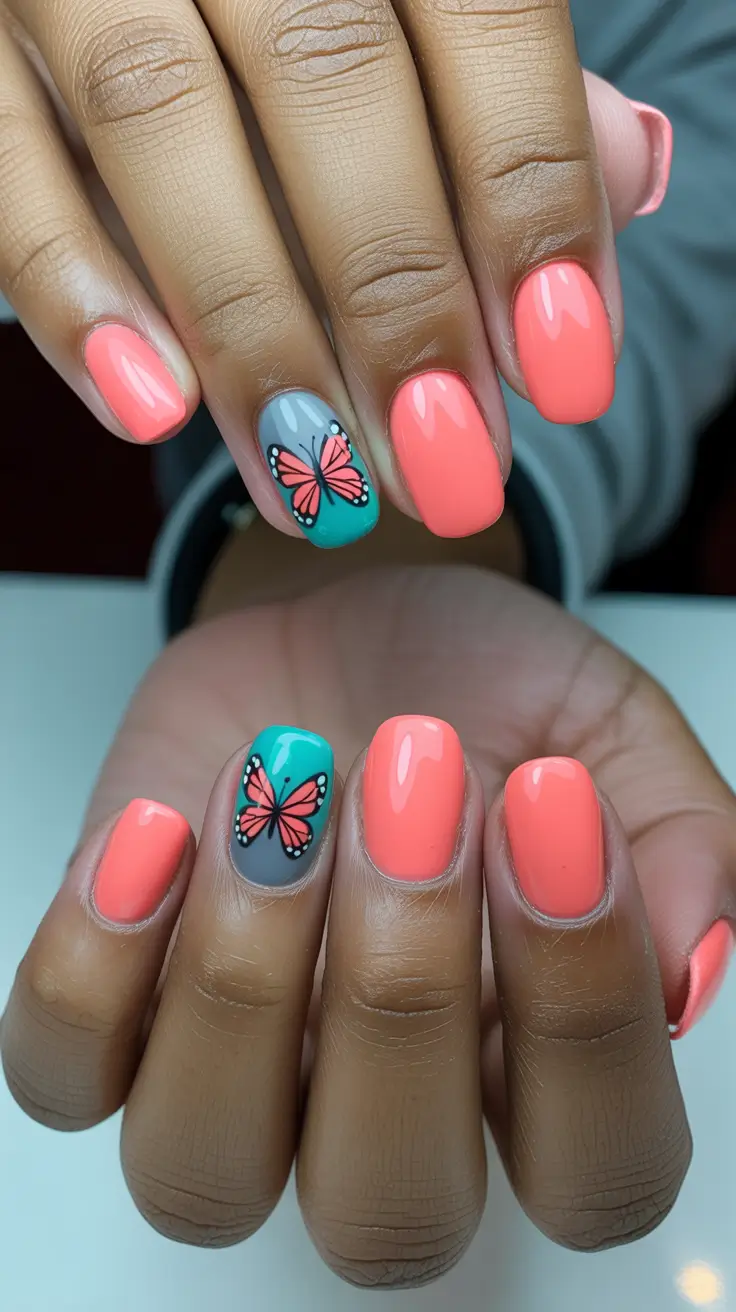 spring nails for dark skin 2026 Coral Butterfly Bloom
