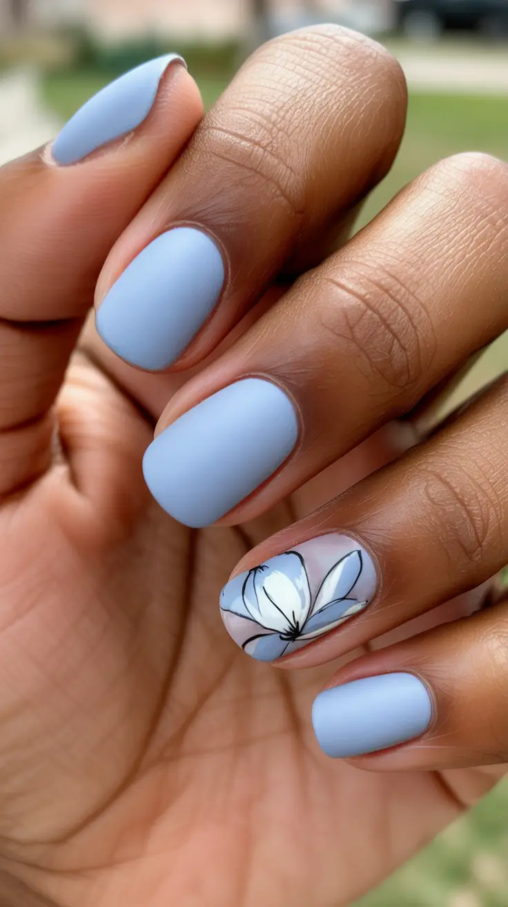trending spring nails for dark skin 2026 Soft Blue Matte With A Delicate Bloom Accent