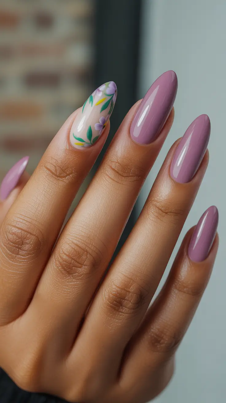 trending spring nails for dark skin 2026 Lavender Silhouette With Painterly Floral Detail
