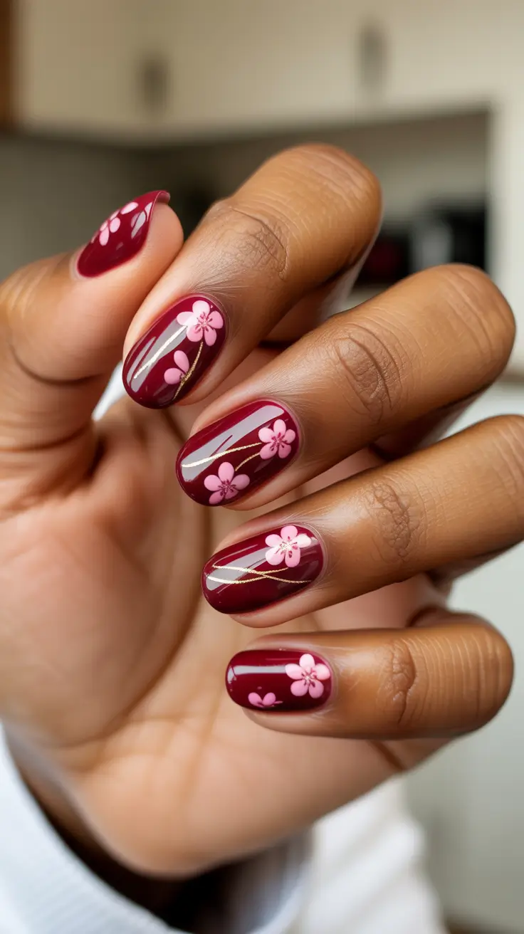 trending spring nails for dark skin 2026 Cherry Blossom Chic On Glossy Wine