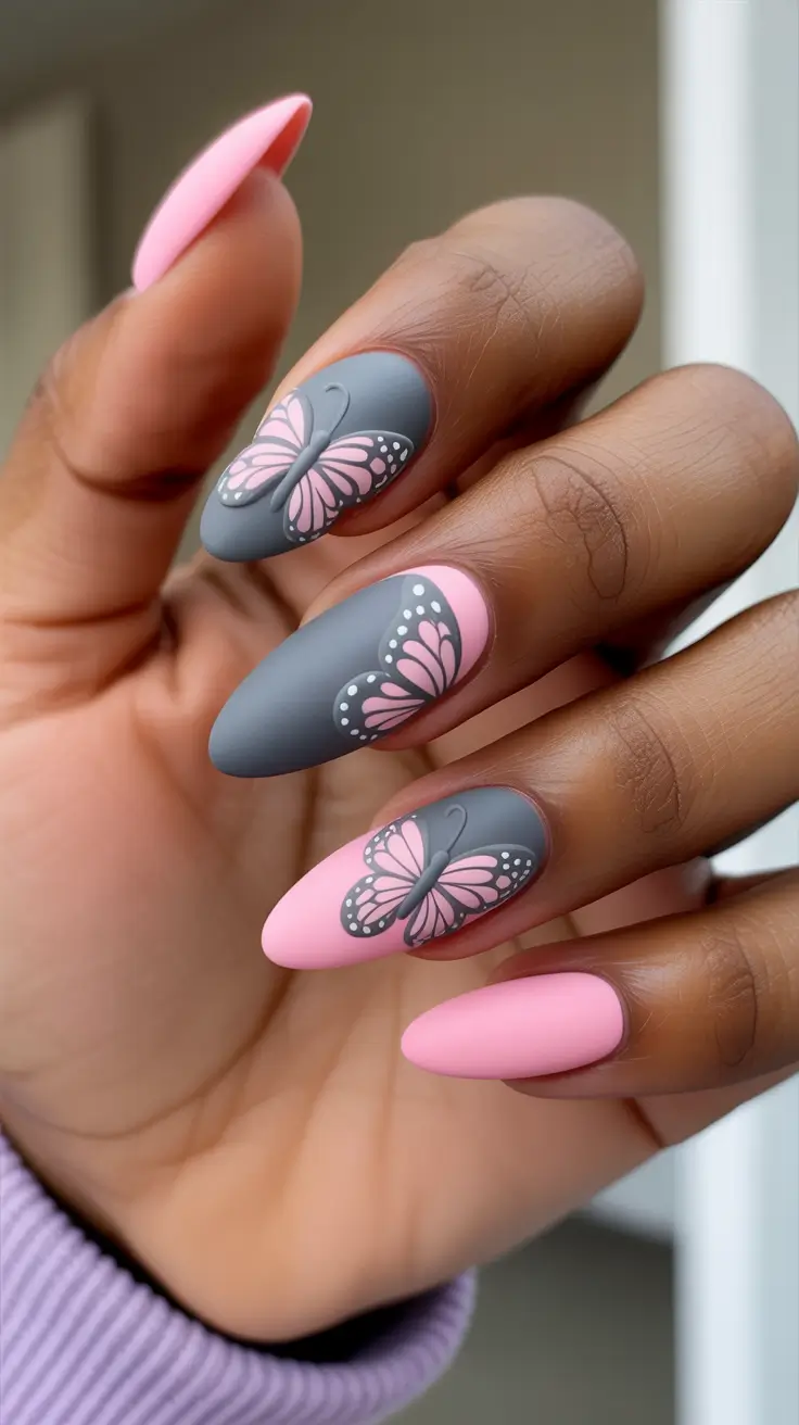 trending spring nails for dark skin 2026 Pink And Charcoal Butterfly Motion