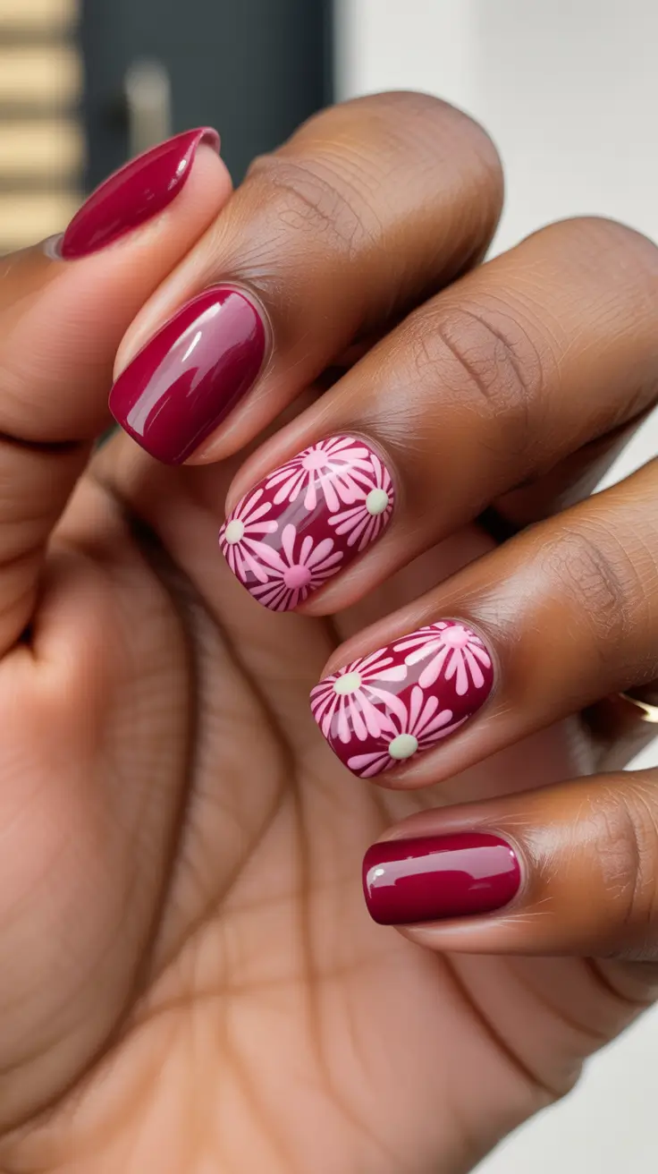 trending spring nails for dark skin 2026 Berry Blossom Burst With Playful Petals