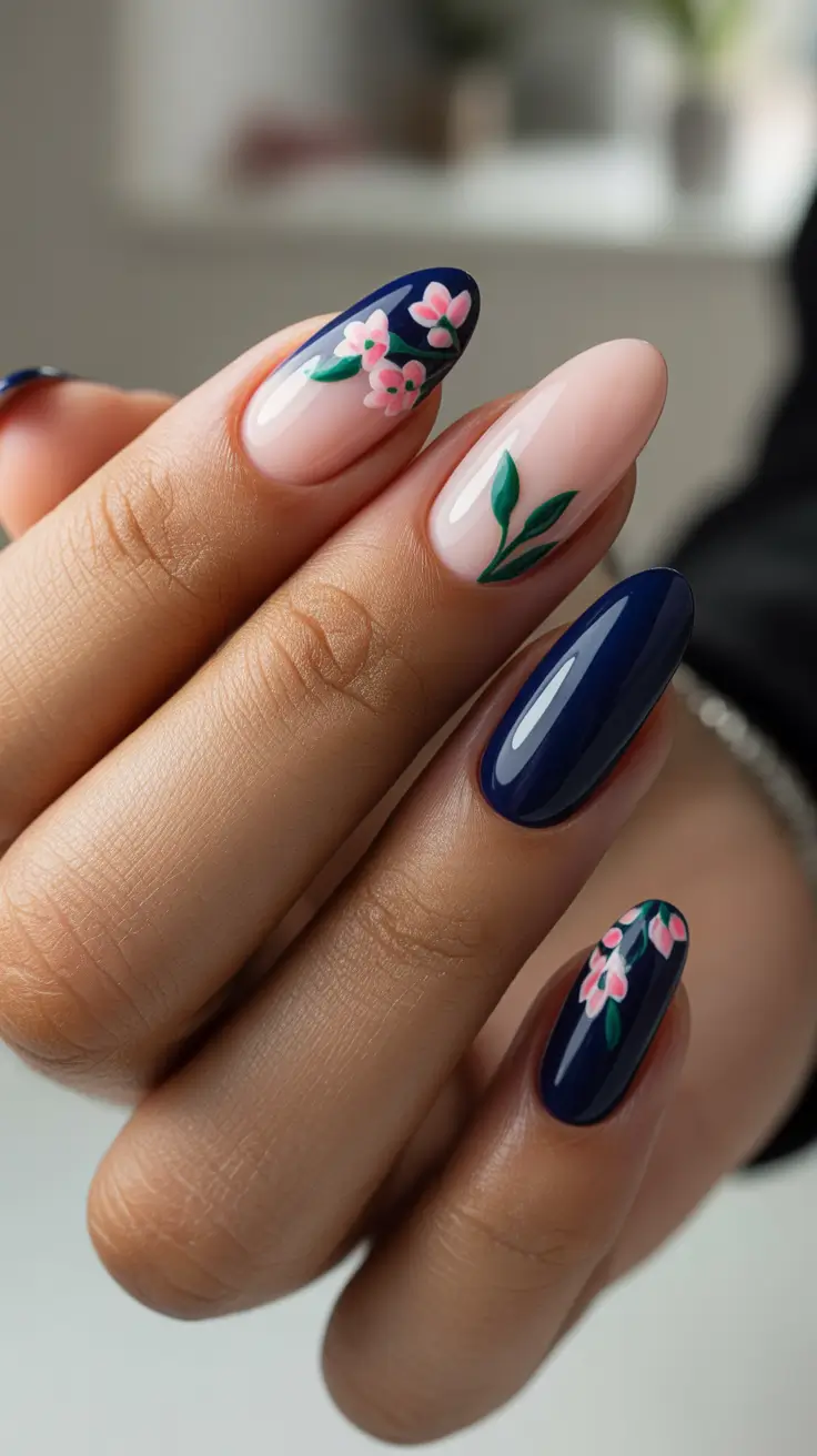 spring nails for dark skin 2026 Soft Navy Florals On Almond Tips