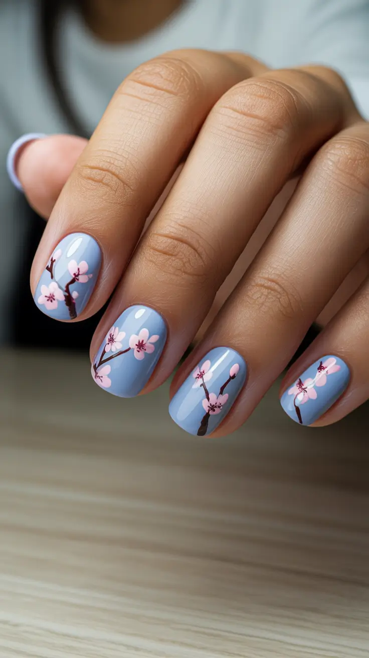 spring nails for dark skin 2026 Pastel Cherry Blossom Touch