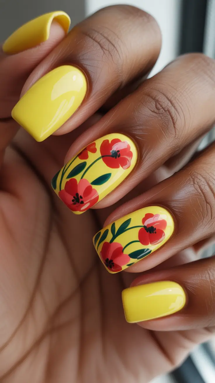 trending spring nails for dark skin 2026 Sunny Citrus Pop With Bold Florals