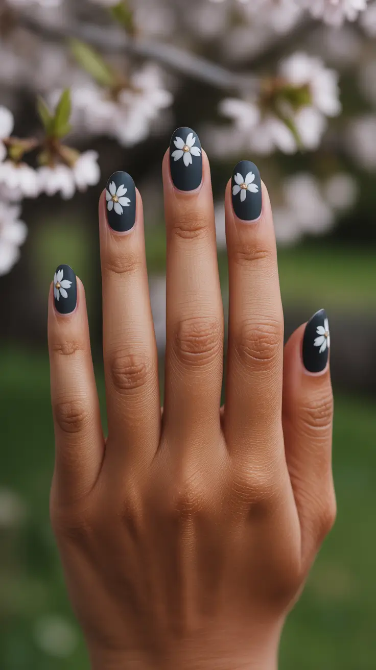 spring nails for dark skin 2026 Matte Navy Daisy Charms