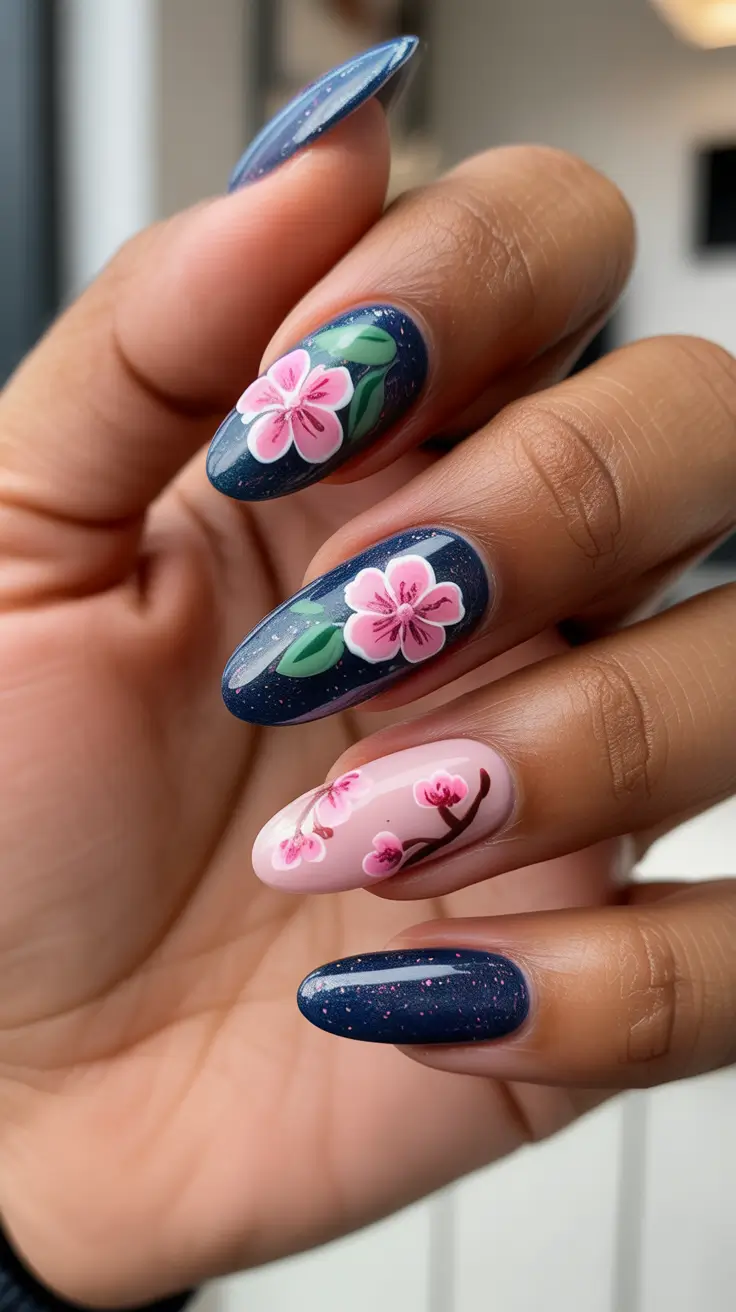 trending spring nails for dark skin 2026 Midnight Blossom With A Soft Pink Contrast