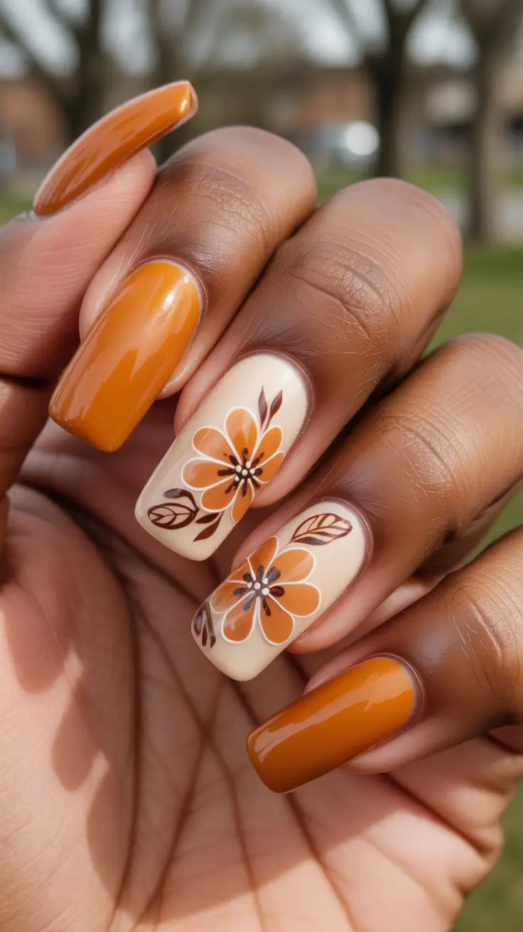 trending spring nails for dark skin 2026 Warm Terracotta Floral Elegance