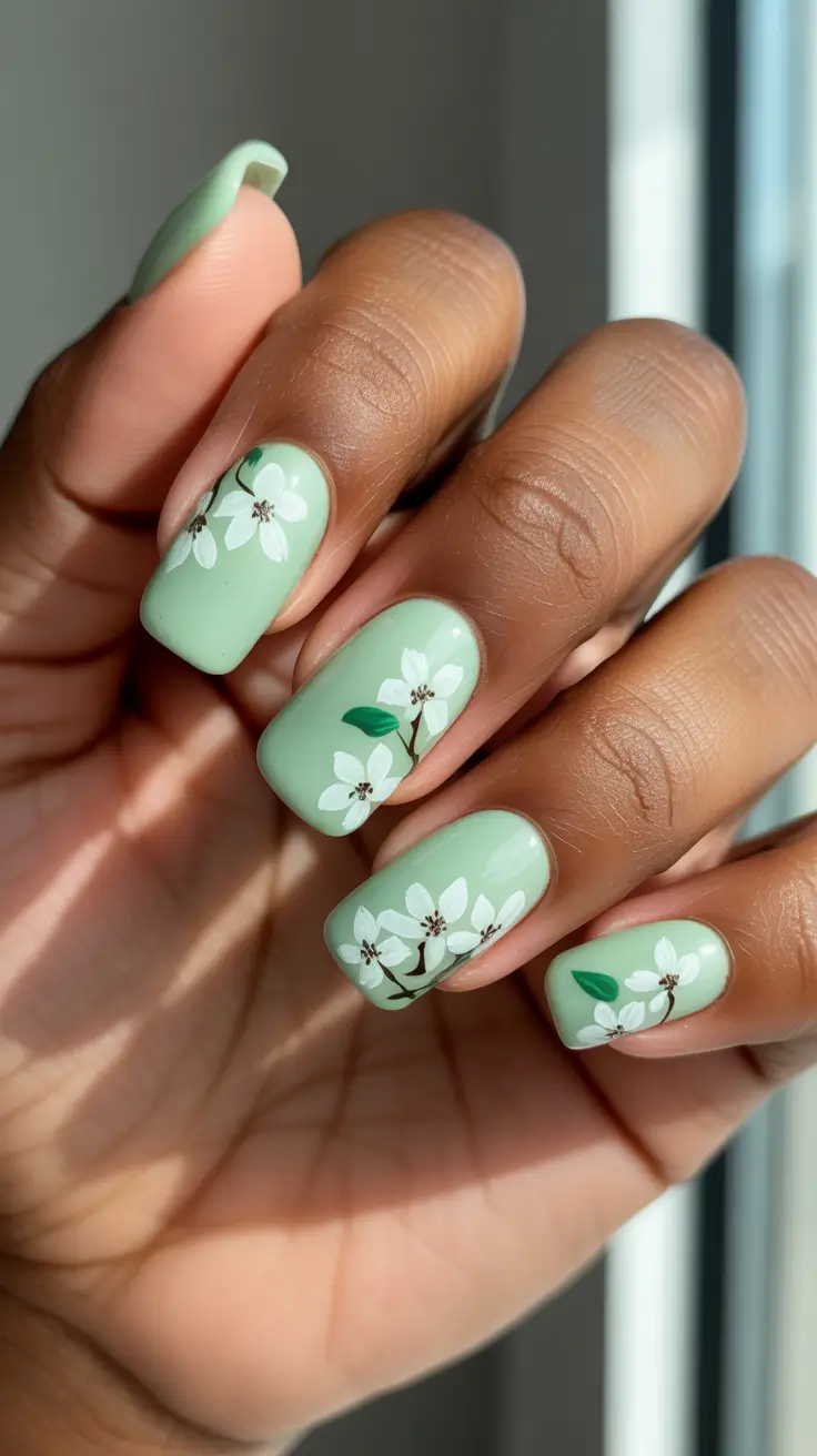 trending spring nails for dark skin 2026 Soft Mint Blossoms In Full Spring Light