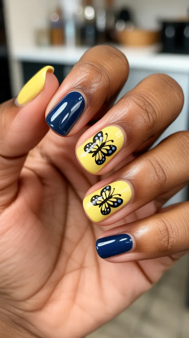 spring nails for dark skin 2026 Butterfly Yellow And Navy Pop