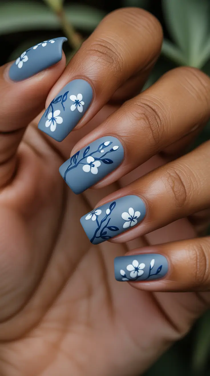 spring nails for dark skin 2026 Matte Blue Blossoms