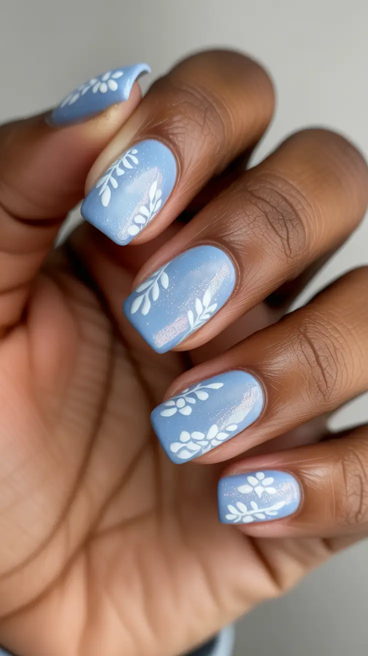 spring nails for dark skin 2026 Shimmer Blue Leaf Whispers