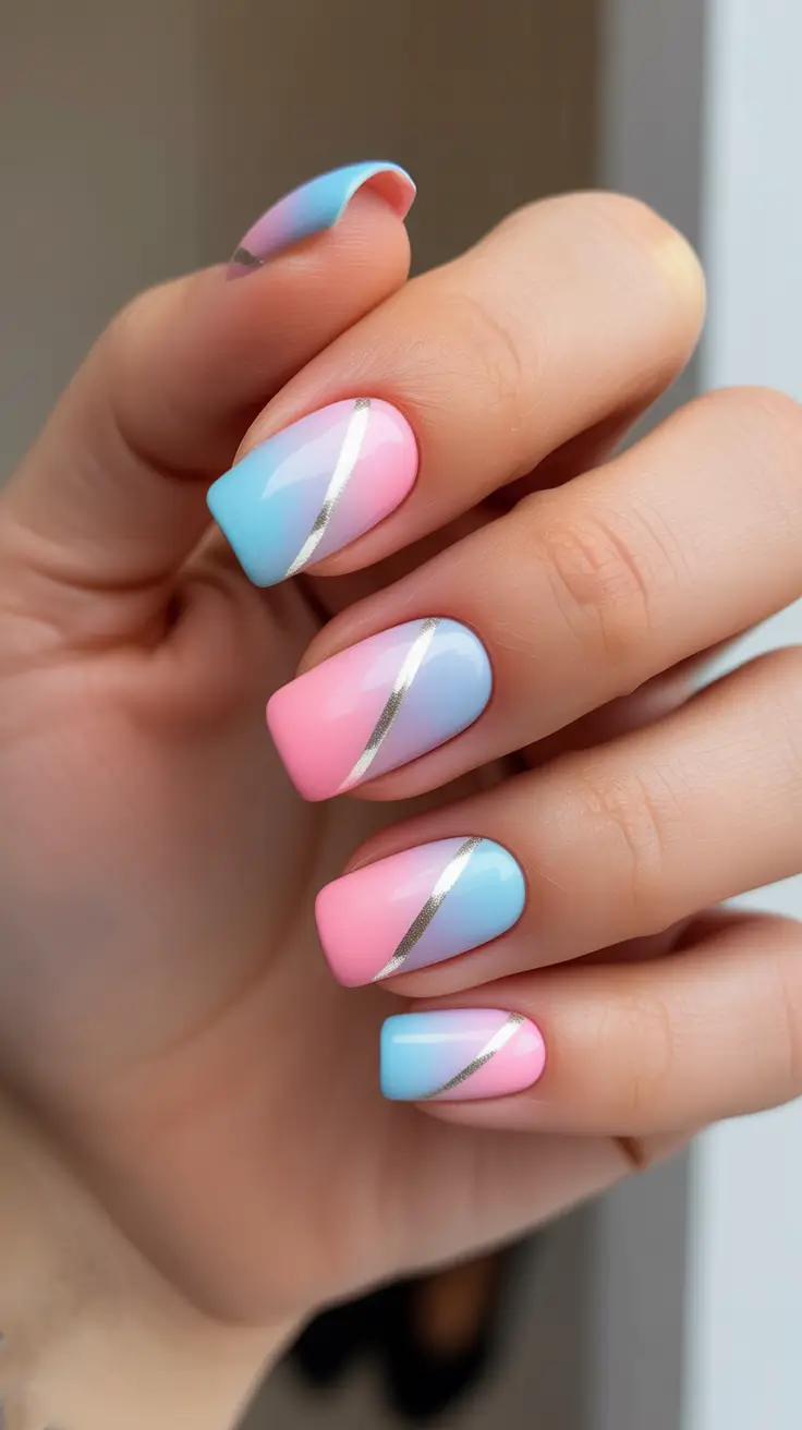 sparkly spring nails pink 2026 Pastel Pink And Blue Ombre With A Delicate Gold Accent