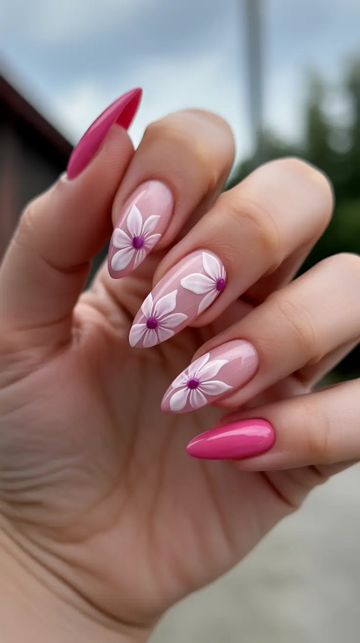 sparkly spring nails pink 2026 Delicate Daisy Pink Almond Nails