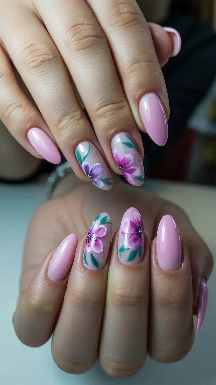 sparkly spring nails pink 2026 Soft Pink Blossom Almond Nails With Fresh Spring Florals