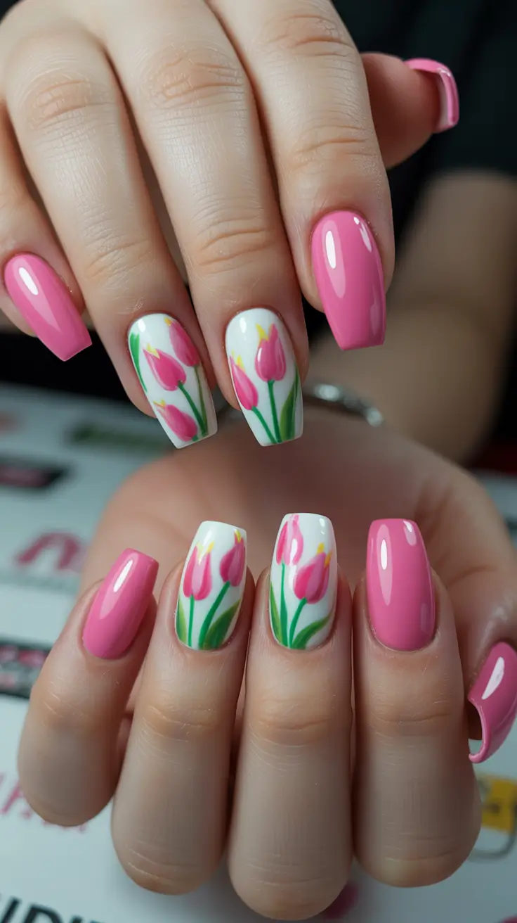 sparkly spring nails pink 2026 Bright Pink Tulip Garden Nails With Fresh Green Accents
