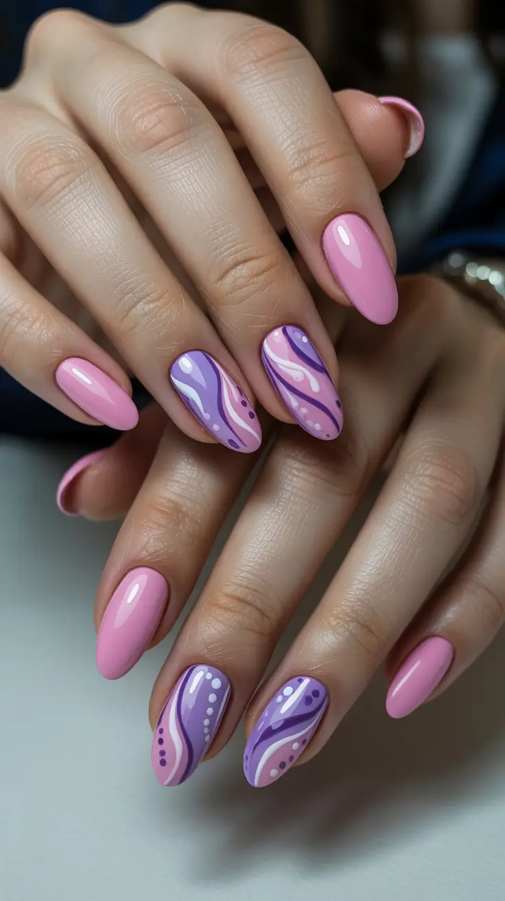 sparkly spring nails pink 2026 Playful Pink And Lavender Swirl Nails With Modern Abstract Art