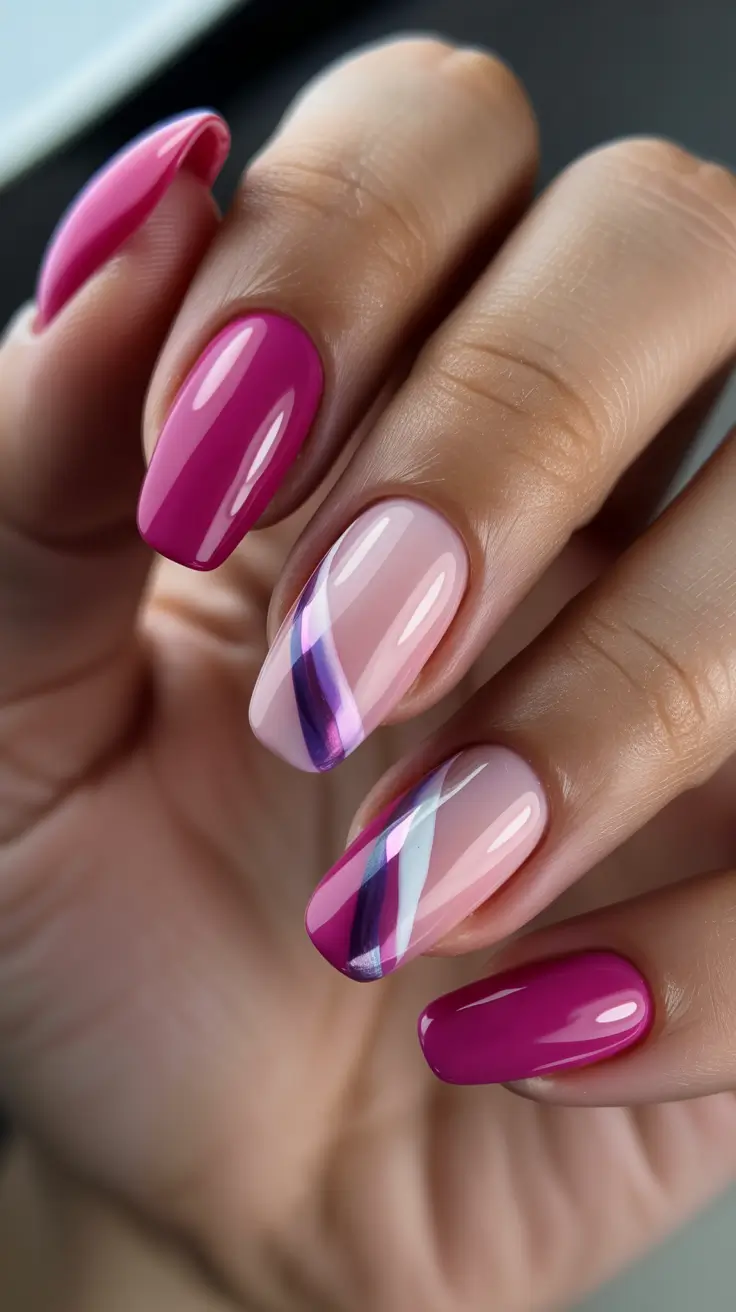 sparkly spring nails pink 2026 Elegant Pink Nails With Glossy Purple Ribbon Accents