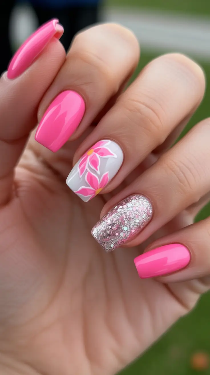 sparkly spring nails pink 2026 Glossy Pink Floral Nails With Sparkling Glitter Accent