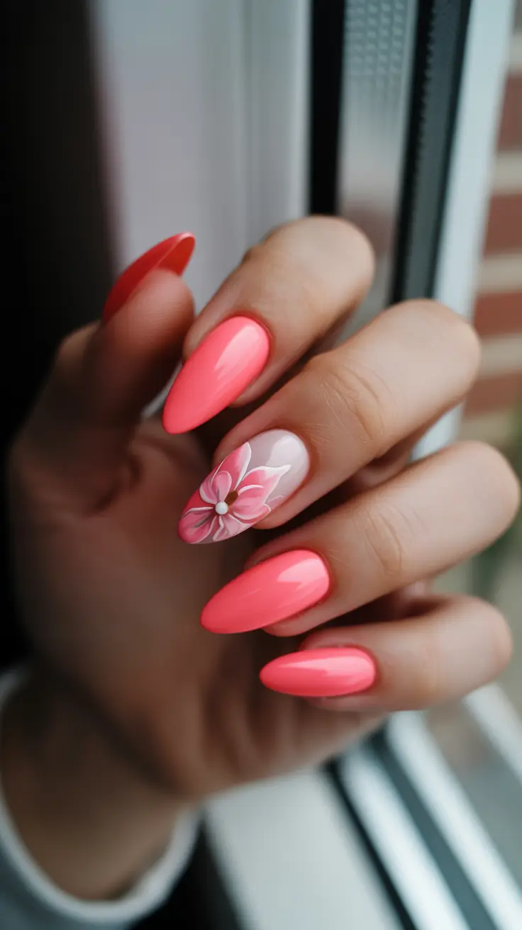 sparkly spring nails pink 2026 Coral Pink Flower Accent Almond Nails