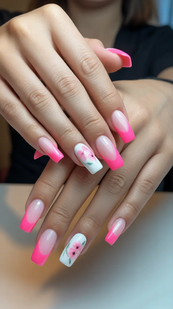 sparkly spring nails pink 2026 Pink French Ombre Floral Square Nails