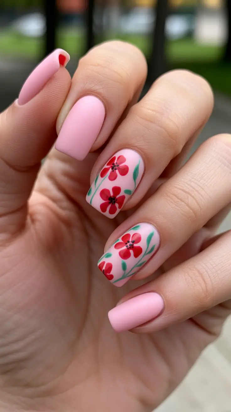 sparkly spring nails pink 2026 Matte Pink Red Floral Spring Nails