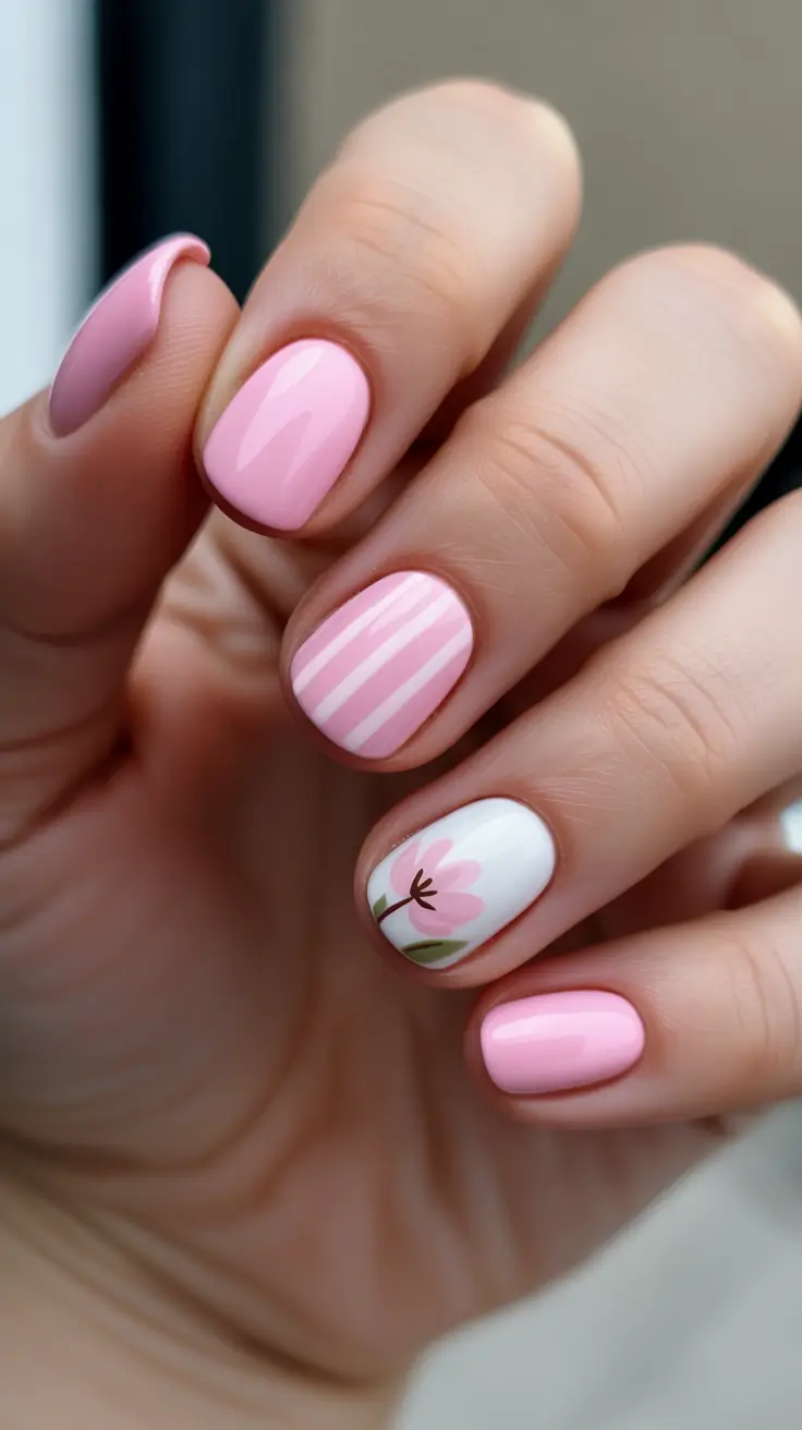 sparkly spring nails pink 2026 Soft Pink Minimalist Floral Short Nails