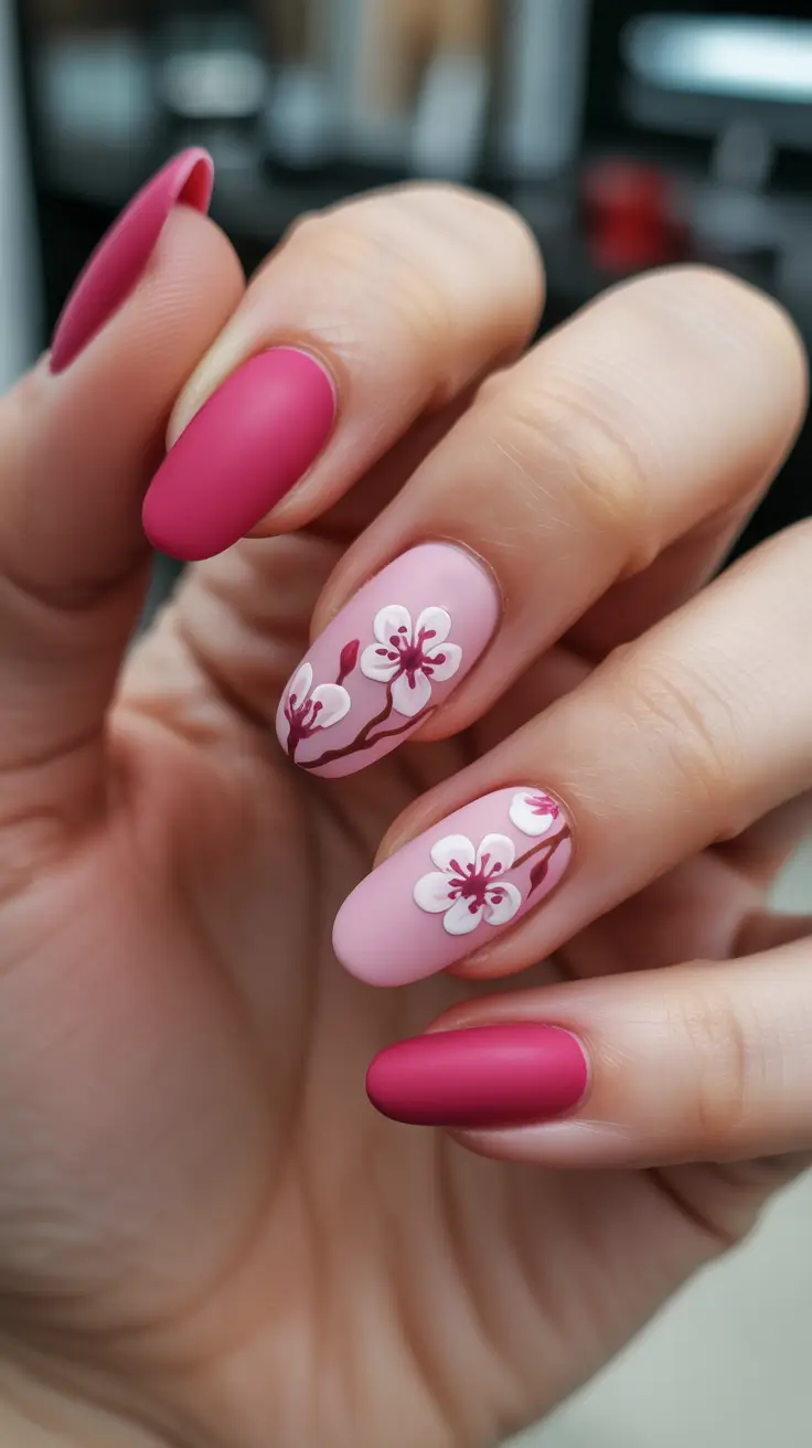sparkly spring nails pink 2026 Matte Pink Blossom Nails With A Soft Minimalist Touch